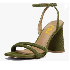 FSJ Green Suede Block Heel Sandals